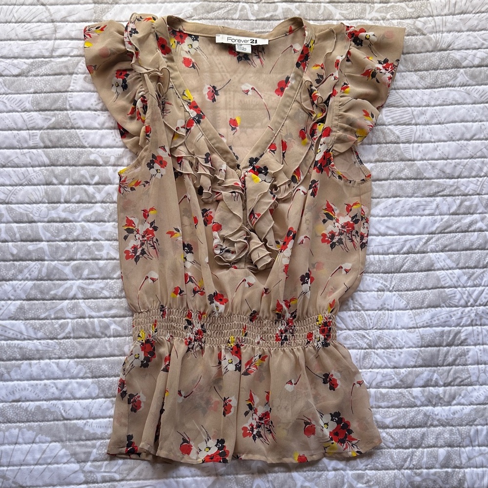 Forever 21 Floral Ruffle Blouse - Beige and Red